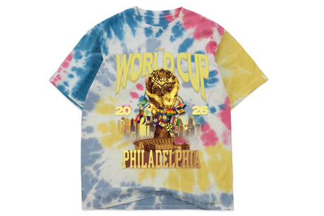 Tie-dye t-shirt with World Cup 2026 Philadelphia design on a white background